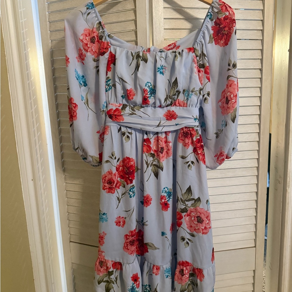 Rare Editions Light Blue Dress with Red and Pink Floral Design